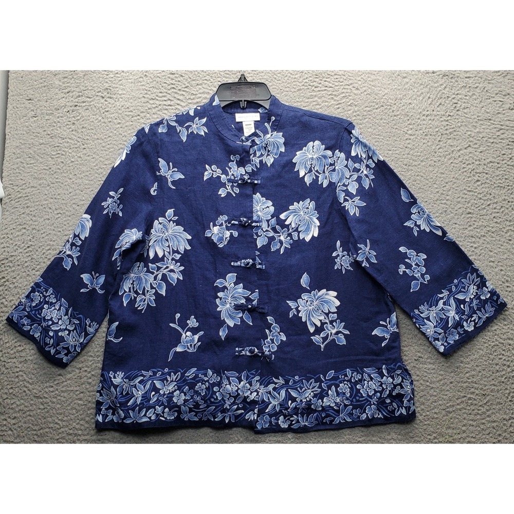 Jones New York Linen Jacket Womens Large Multi Floral 3/4 Sleeve Button Front